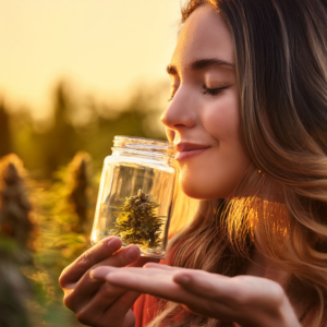 Woman smelling flowering cannabis plant to experience terpene aroma